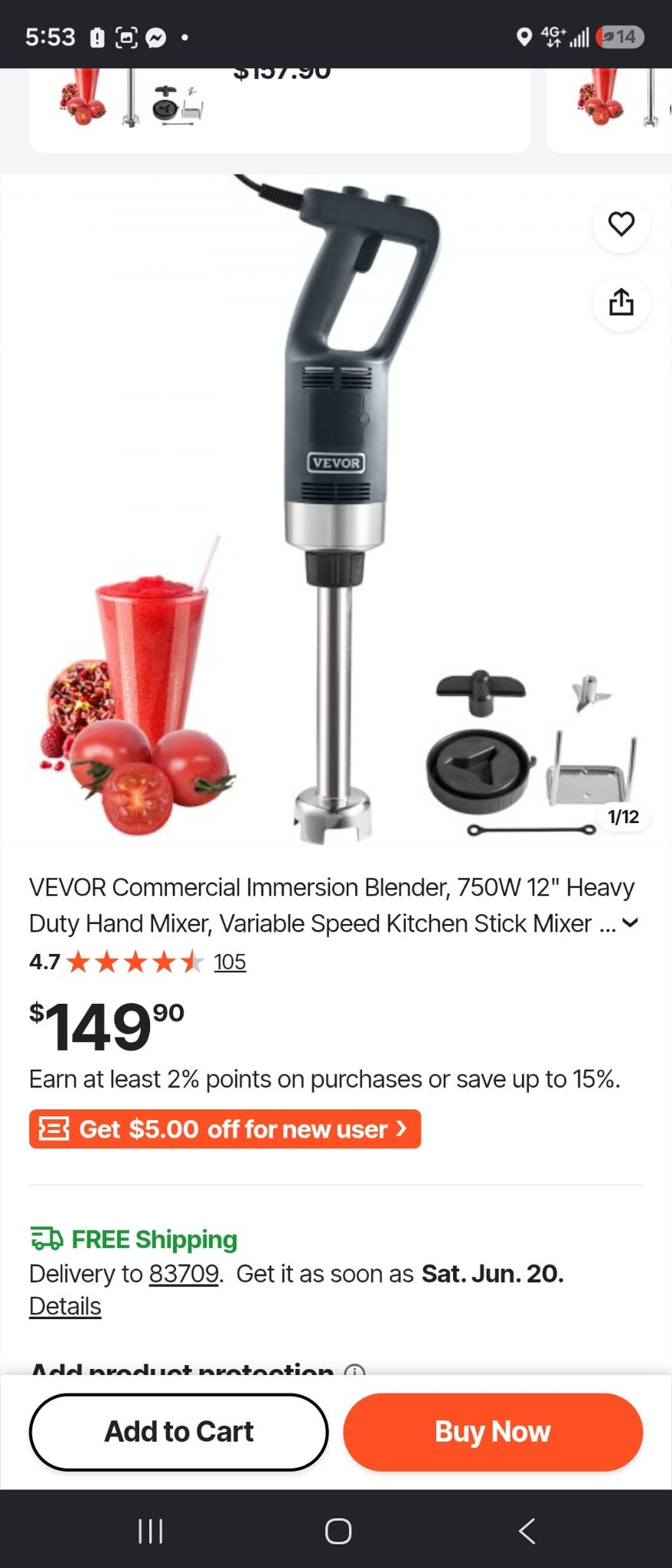 VEVOR 750W Commercial Immersion Blender | Heavy Duty Variable Speed Stick