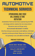 Promotional flyer for automotive technical services offering a free oil change and tire rotation.