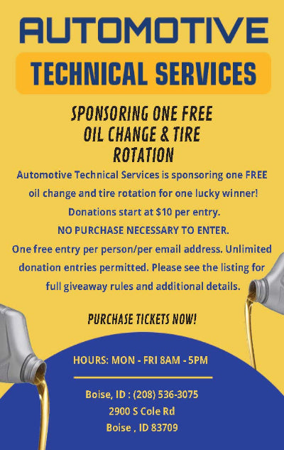 Promotional flyer for automotive technical services offering a free oil change and tire rotation.