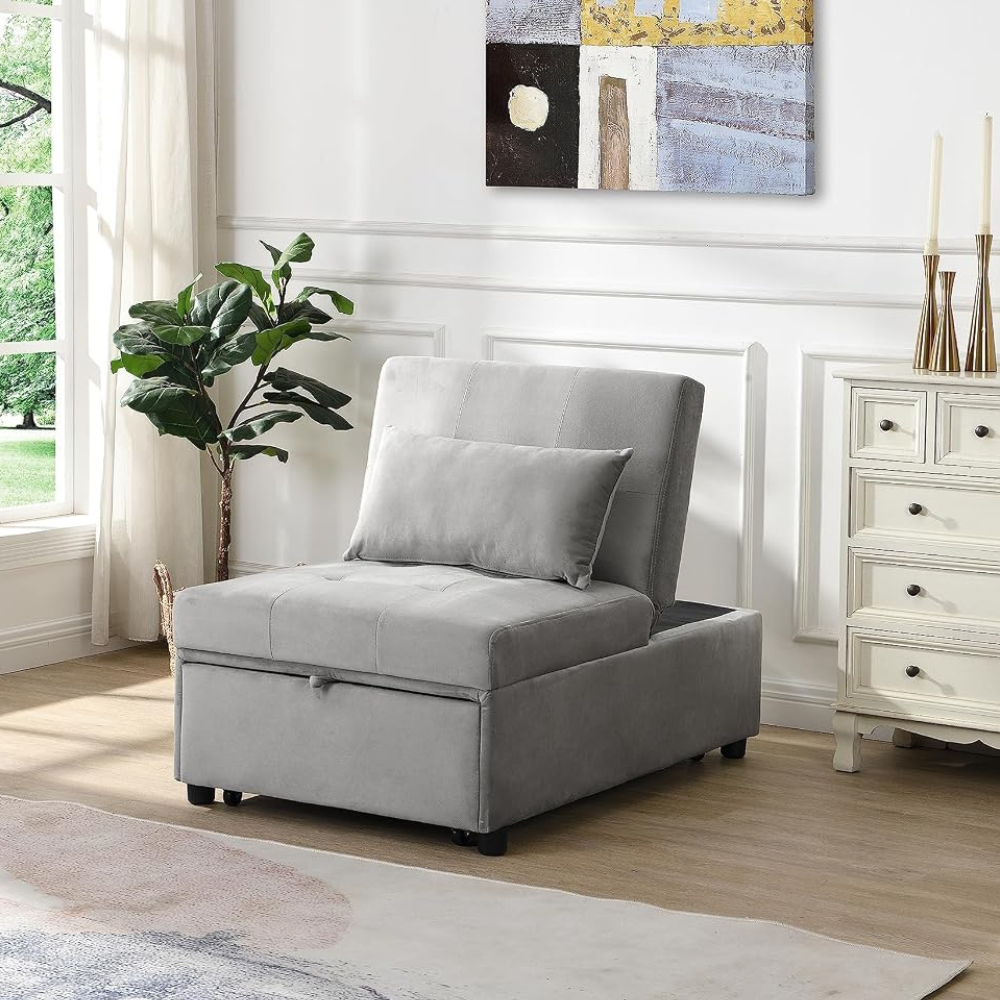 VOYAGEECO Space-Saving Ottoman Sofa Bed with Storage, Gray