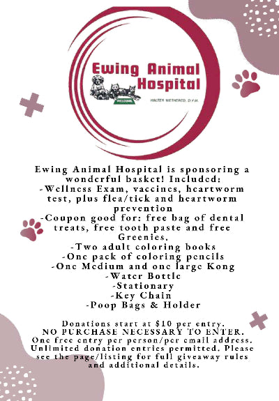Promotional flyer for Ewing Animal Hospital with details of a giveaway basket and entry information.