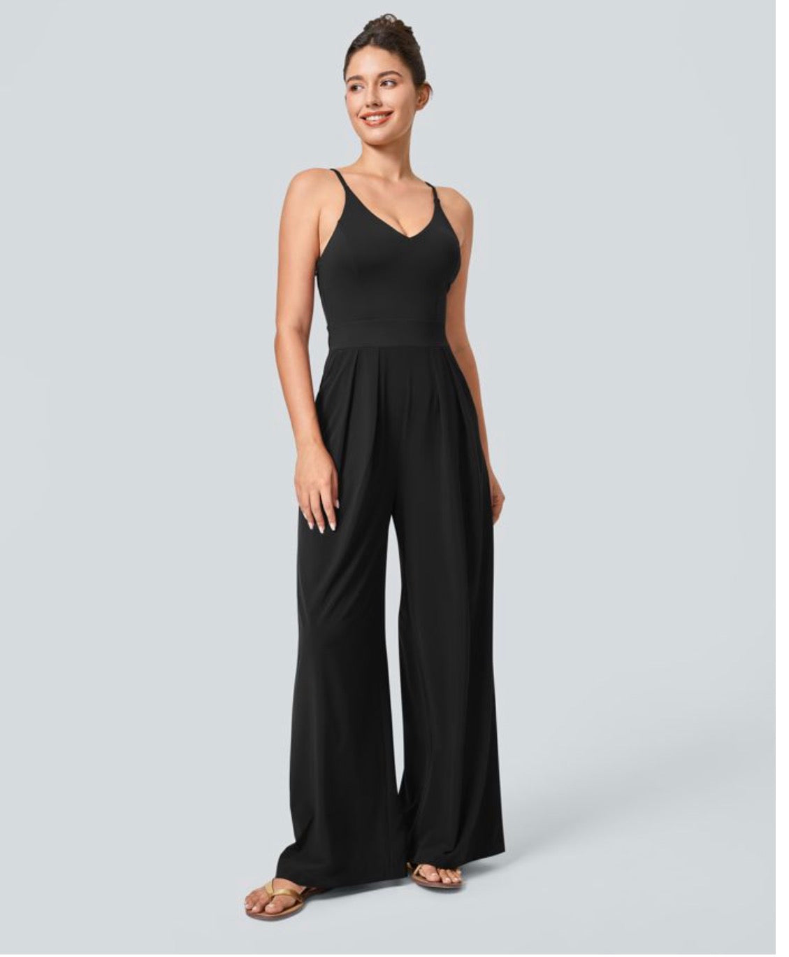 Breezeful backless resort jumper with side invisible zipper pockets and wide legs
