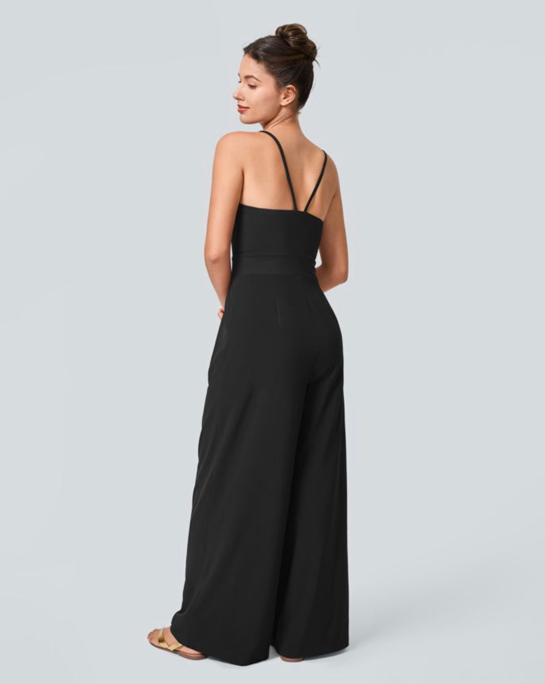 Breezeful backless resort jumper with side invisible zipper pockets and wide legs