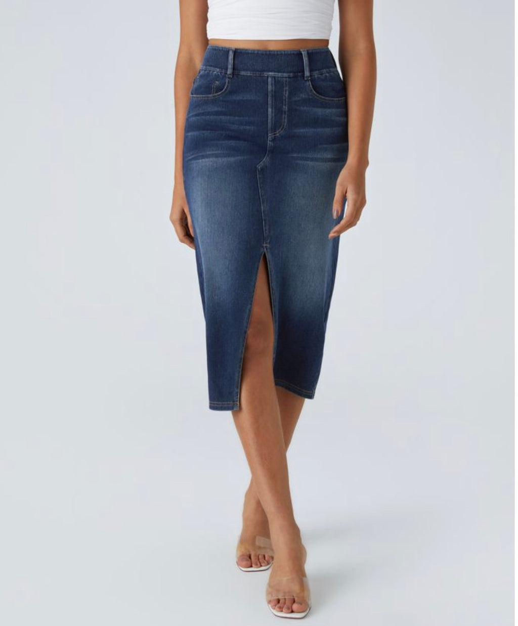 Halara Flex (tm) Highwaisted Waisted Bodycon Washed Denim Casual Midi Skirt
