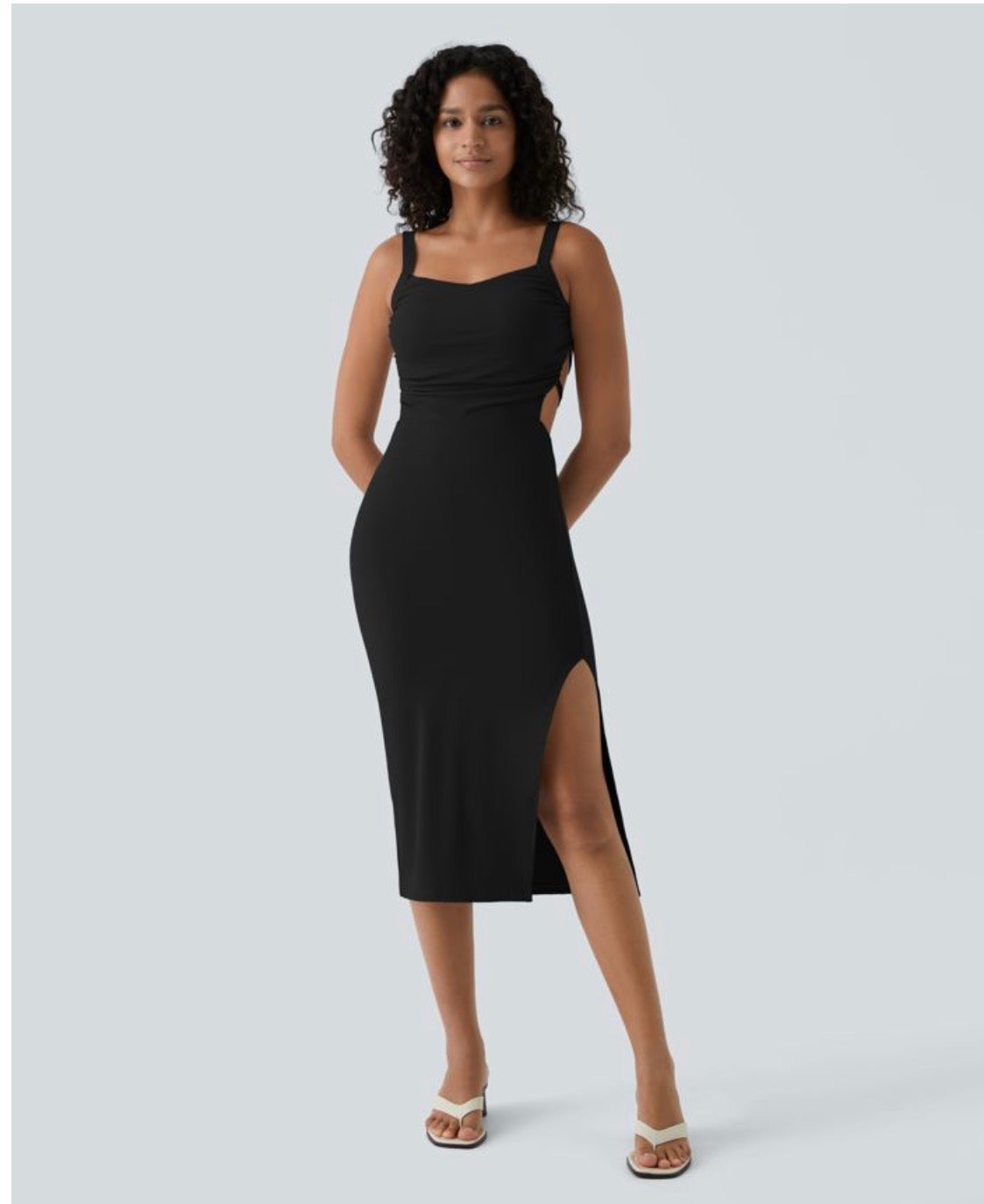 Ruched lace up body con midi casual dress.