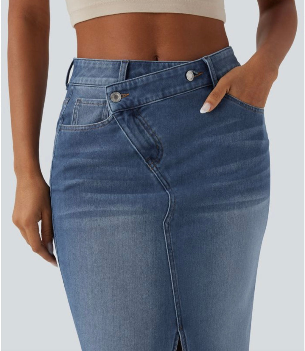 Halara Flex™ Asymmetric Mid Rise Split Bodycon Denim Casual Skirt with Pockets