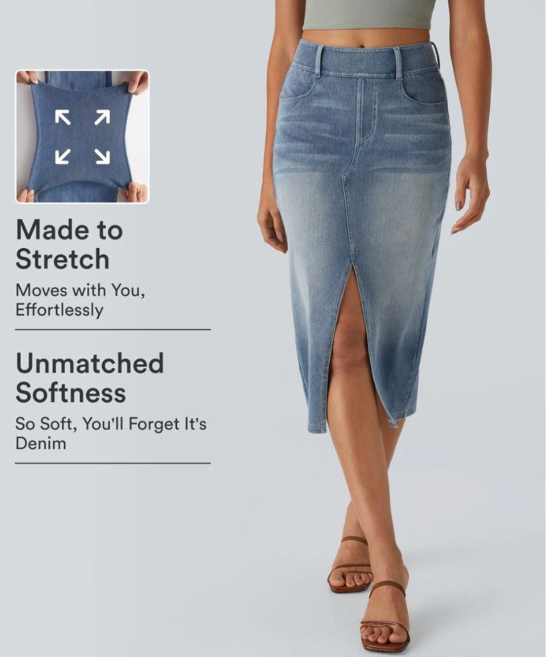 Halara Flex (tm) Highwaisted Waisted Bodycon Washed Denim Casual Midi Skirt