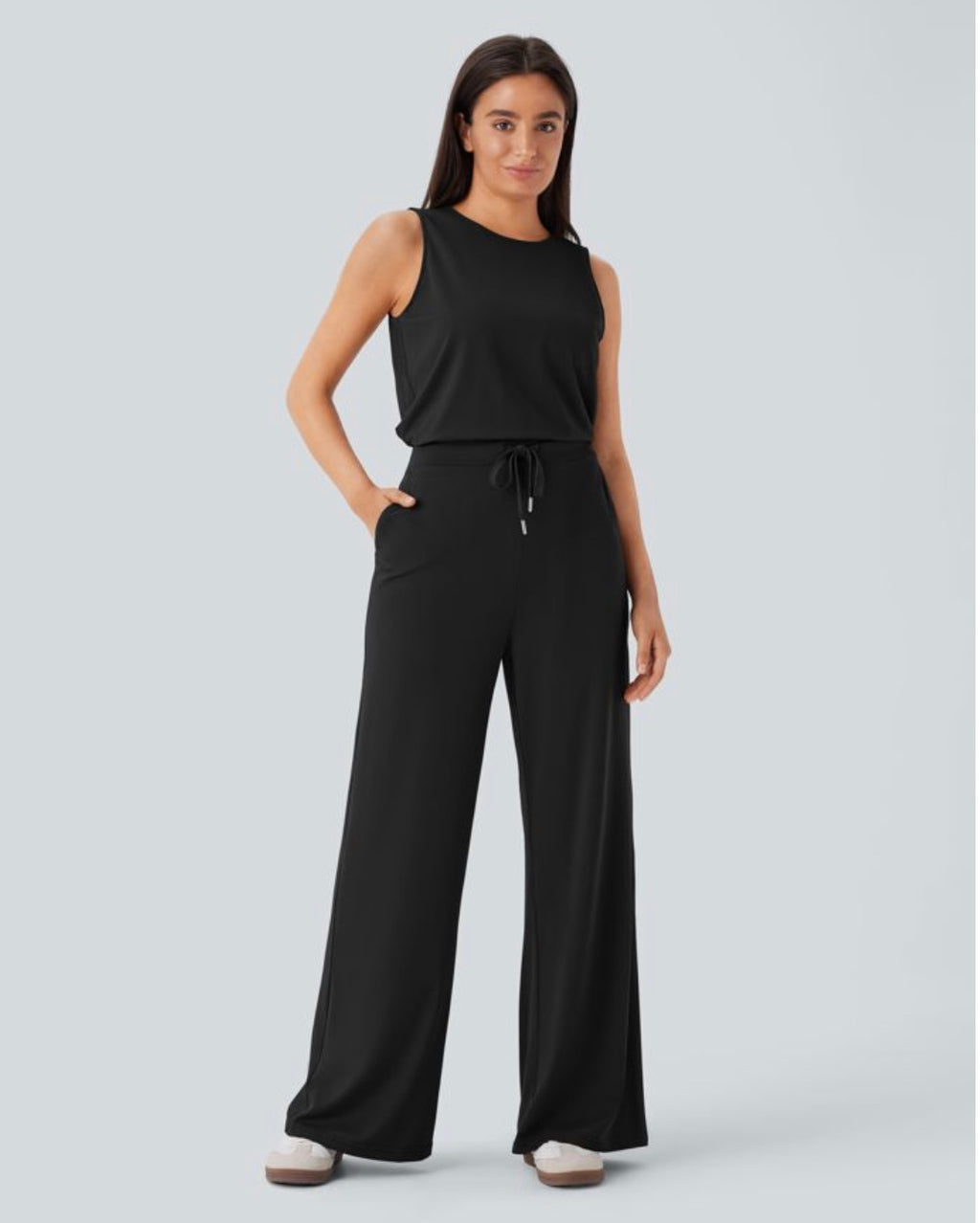 Round neck sleeveless keyhole back drawstring pocket casual jumpsuit