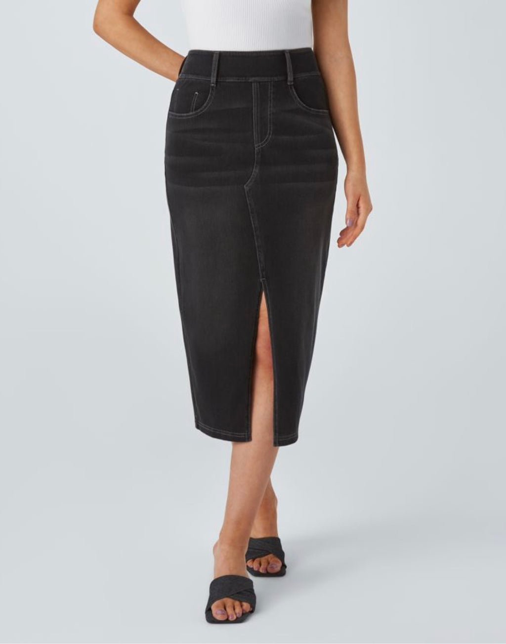 Halara Flex (tm) Highwaisted Waisted Bodycon Washed Denim Casual Midi Skirt