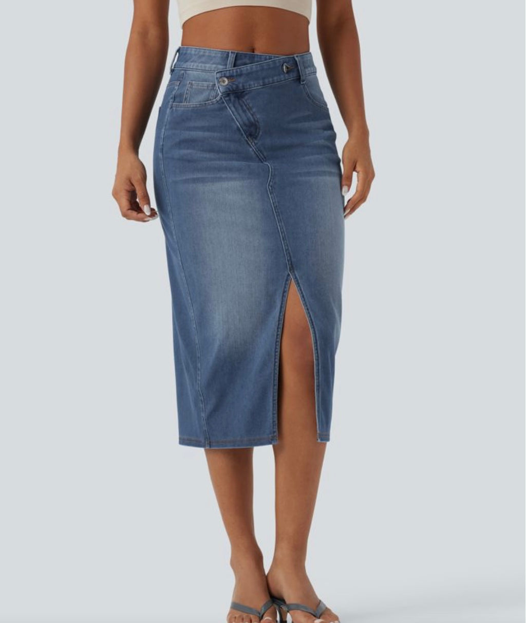 Halara Flex™ Asymmetric Mid Rise Split Bodycon Denim Casual Skirt with Pockets