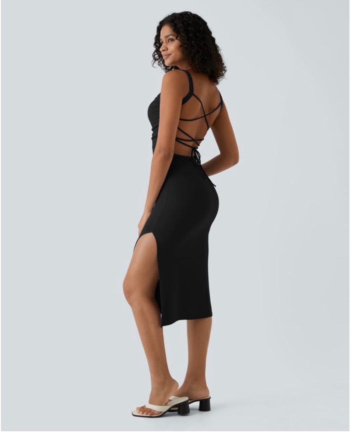 Ruched lace up body con midi casual dress.