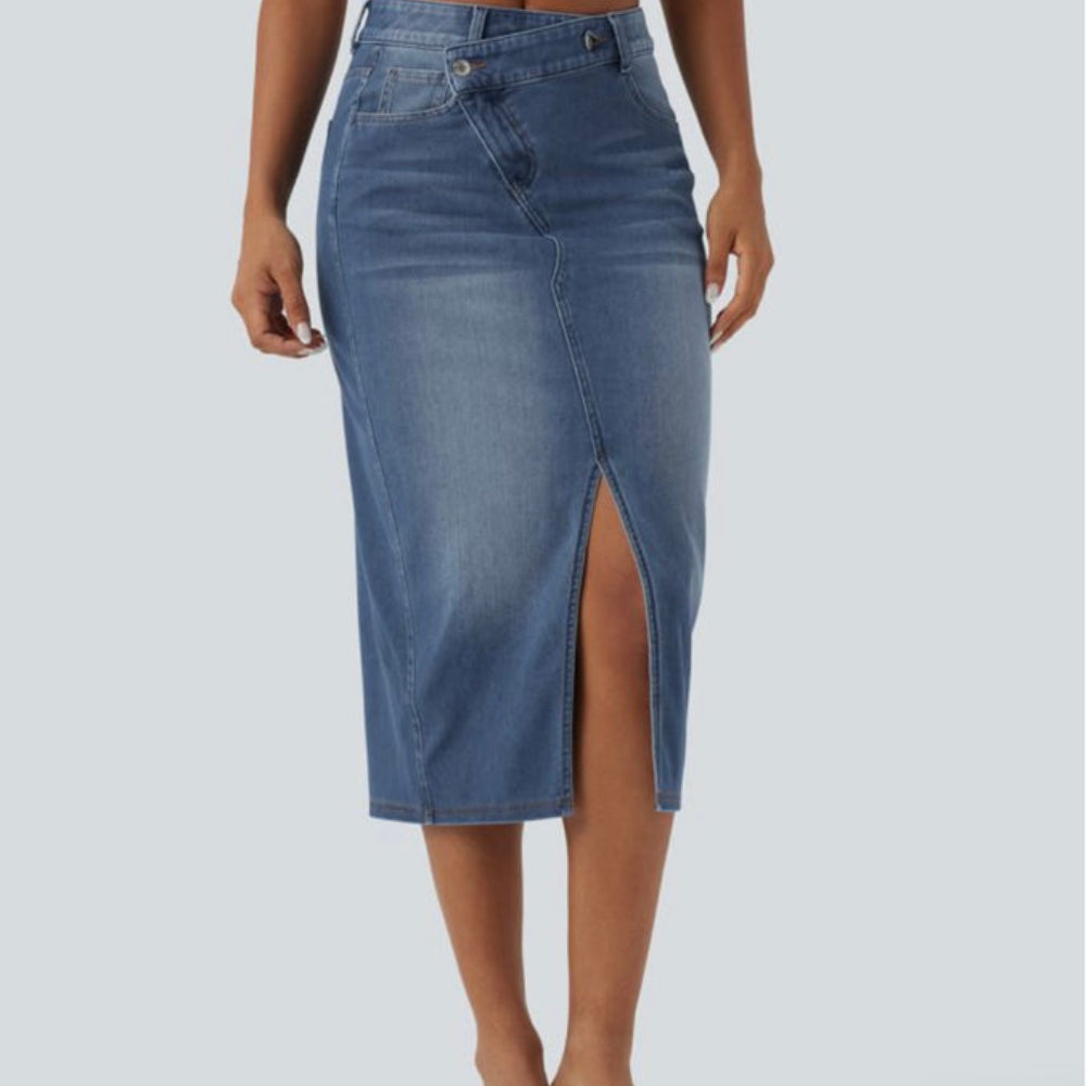Halara Flex™ Asymmetric Mid Rise Split Denim Skirt with Pockets
