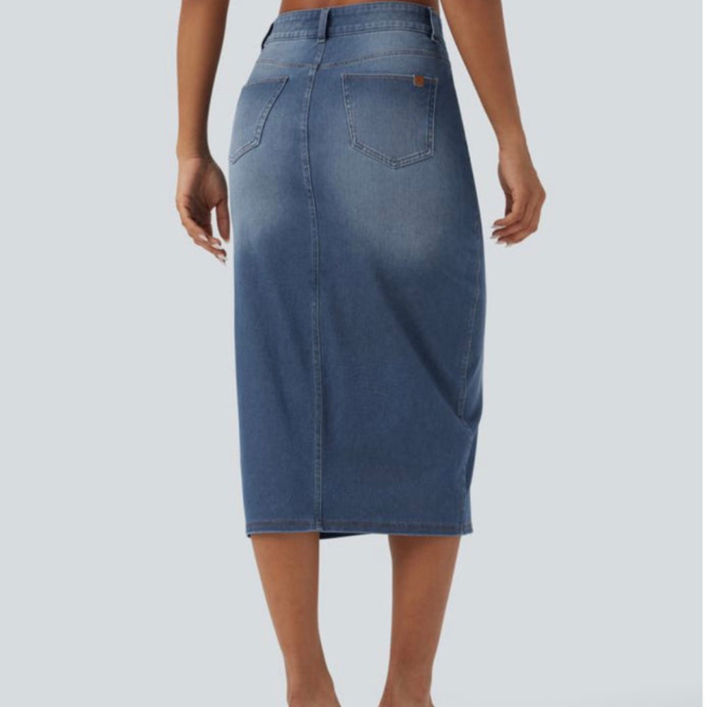 Halara Flex™ Asymmetric Mid Rise Split Denim Skirt with Pockets