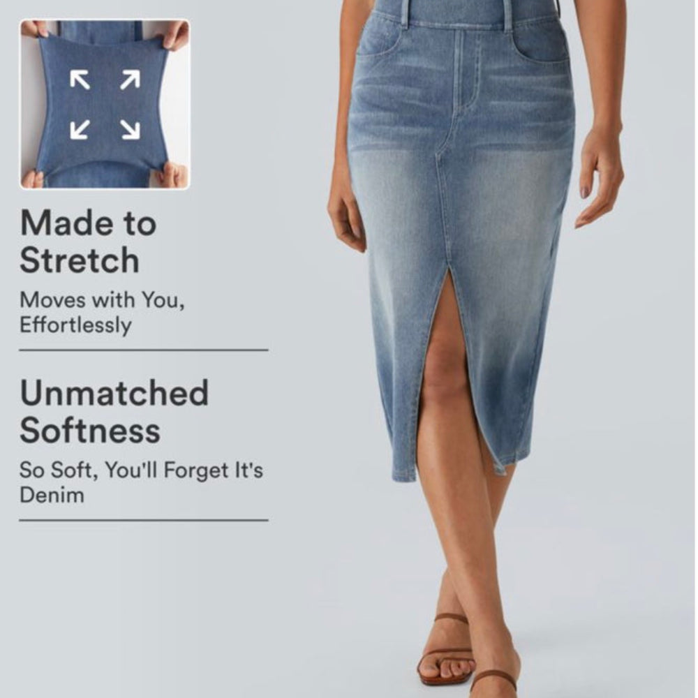 Halara Flex™ High Waisted Pockets Bodycon Washed Denim Casual Midi Skirt