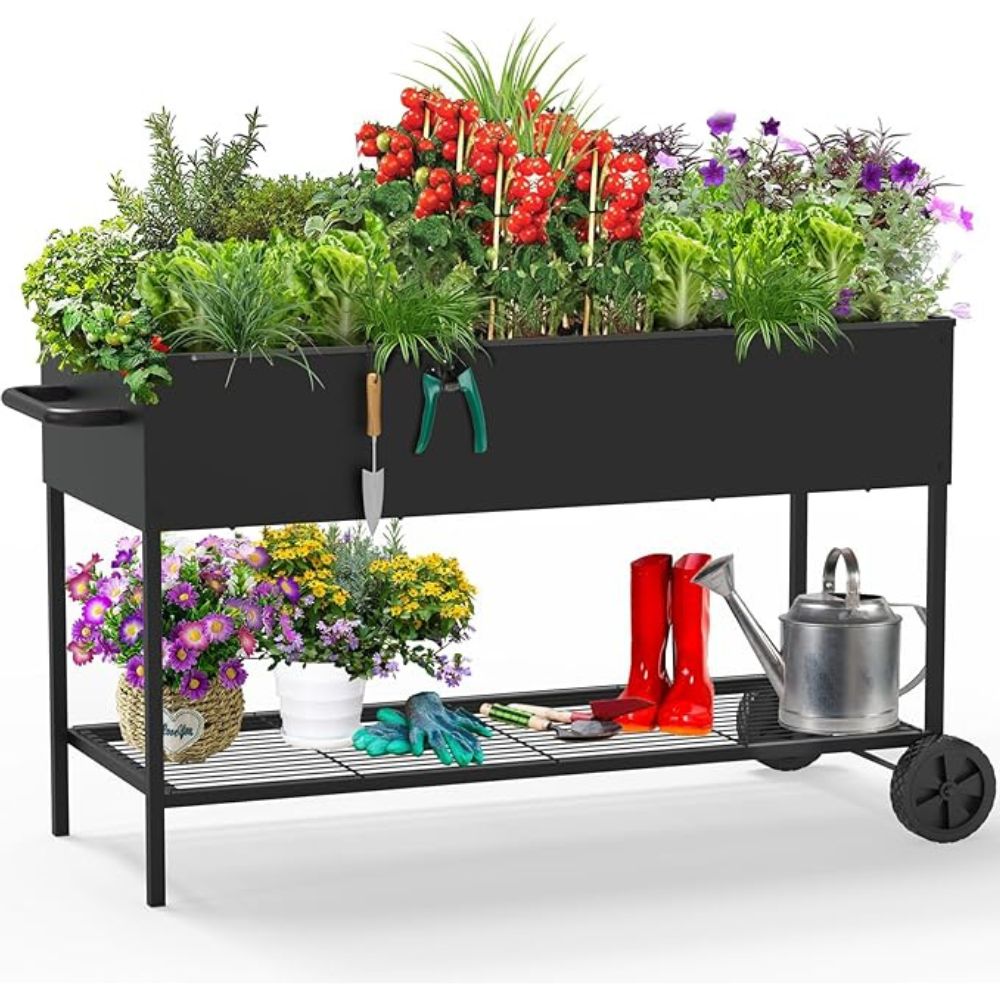 Raised Garden Bed with Legs, Storage Shelf & Wheels