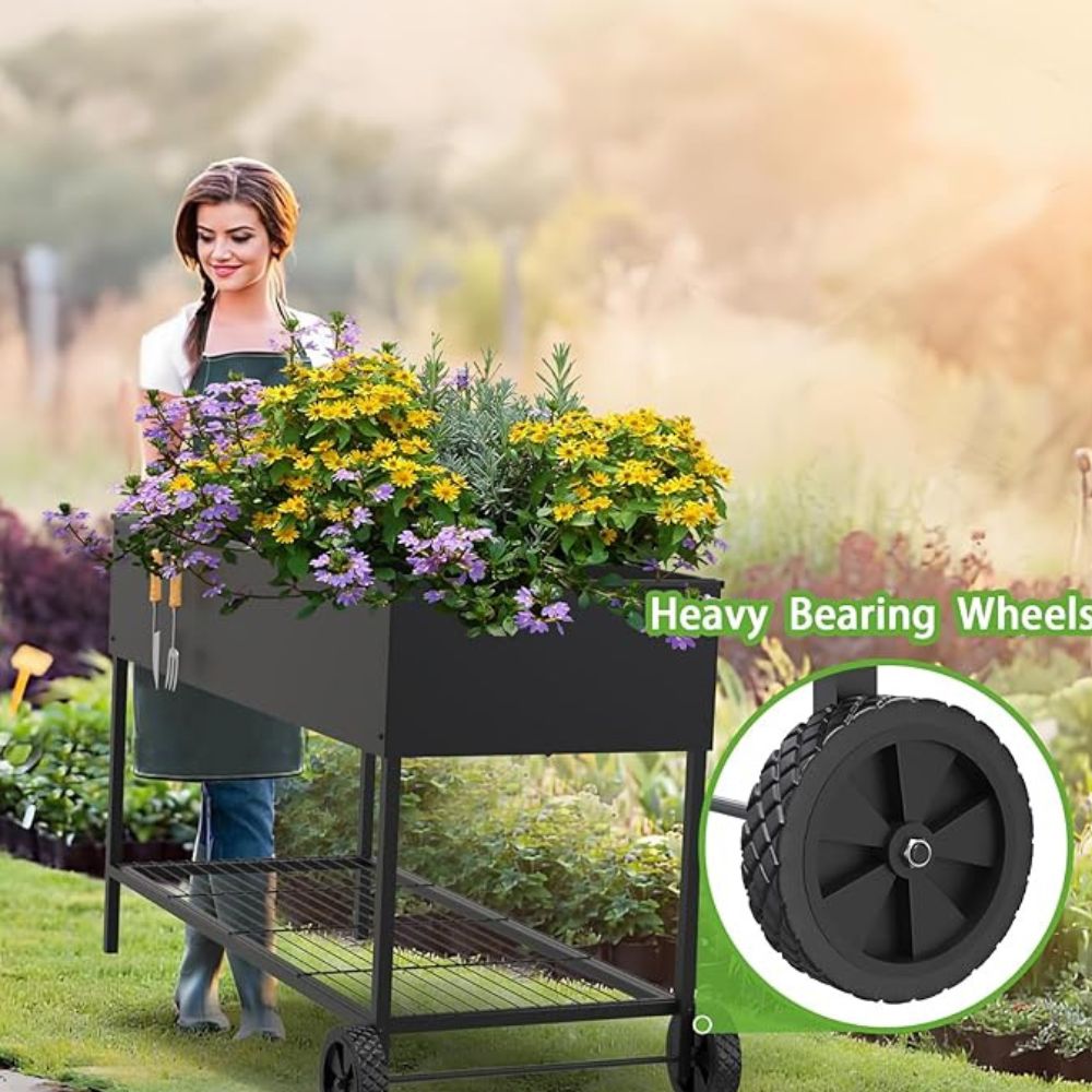 Raised Garden Bed with Legs, Storage Shelf & Wheels