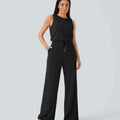 Round Neck Sleeveless Keyhole Back Drawstring Side Pocket Jumpsuit
