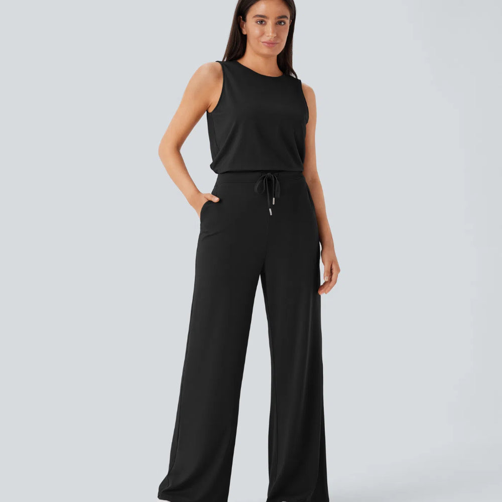 Round Neck Sleeveless Keyhole Back Drawstring Side Pocket Jumpsuit