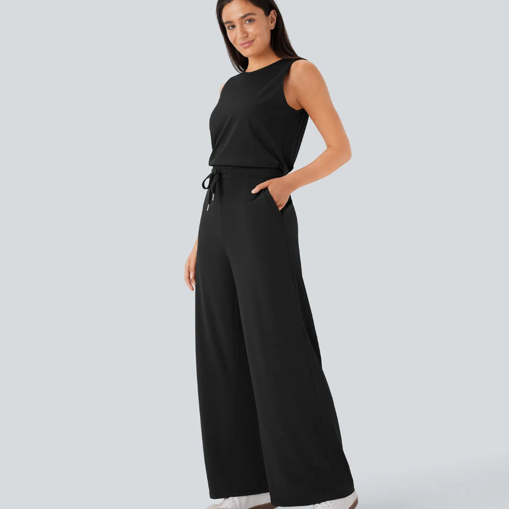 Round Neck Sleeveless Keyhole Back Drawstring Side Pocket Jumpsuit
