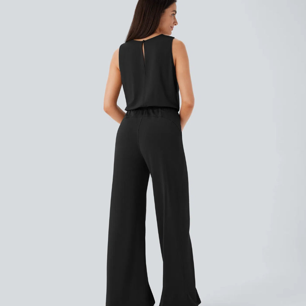 Round Neck Sleeveless Keyhole Back Drawstring Side Pocket Jumpsuit