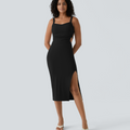 Ruched Lace Up Bodycon Midi Casual Dress