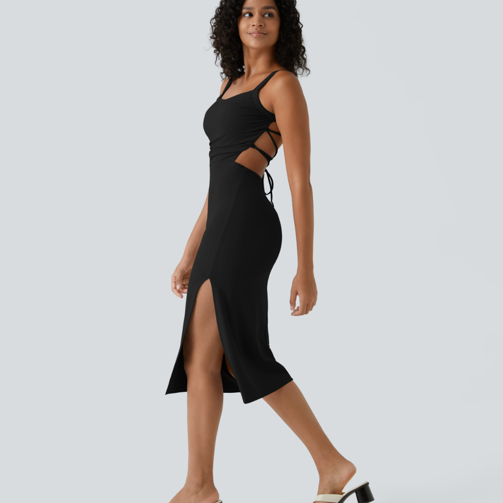 Ruched Lace Up Bodycon Midi Casual Dress