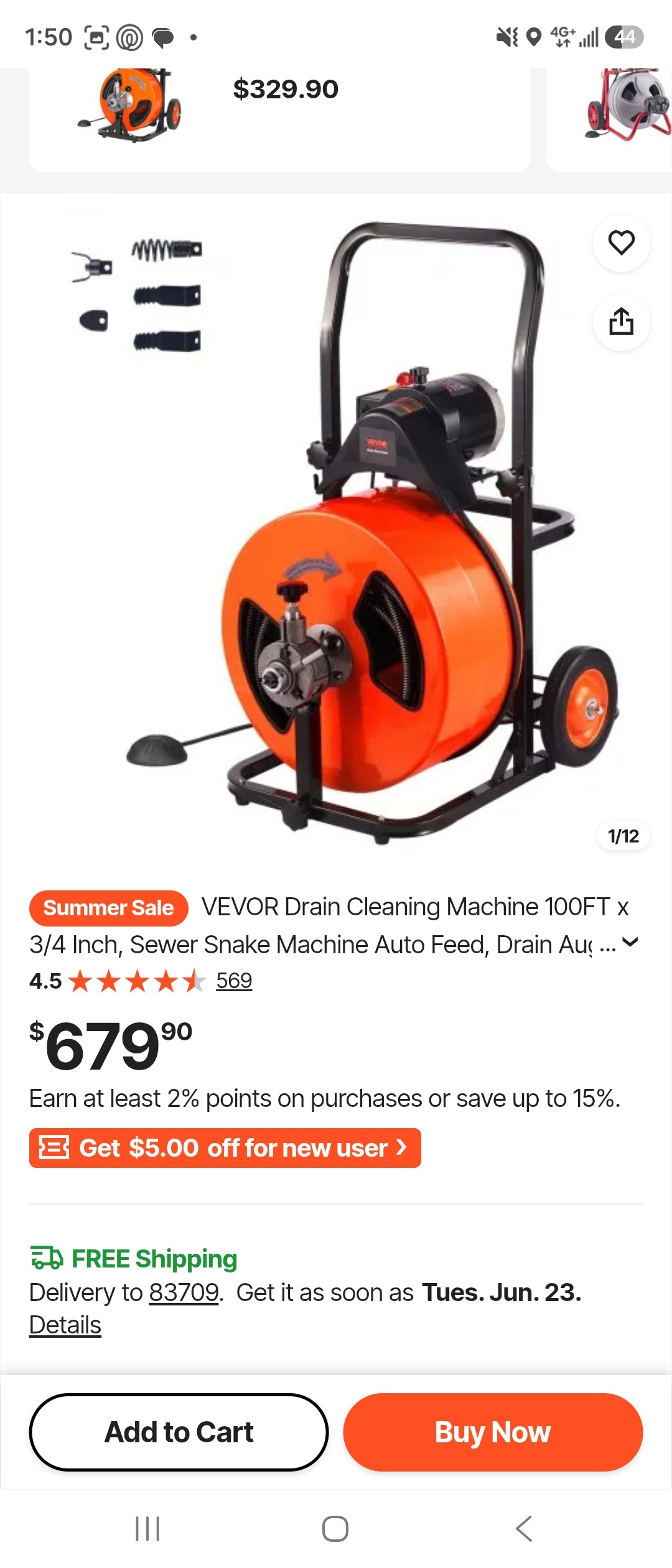 VEVOR 100FT x 3/4" Electric Drain Cleaning Machine | Auto Feed Sewer Snake