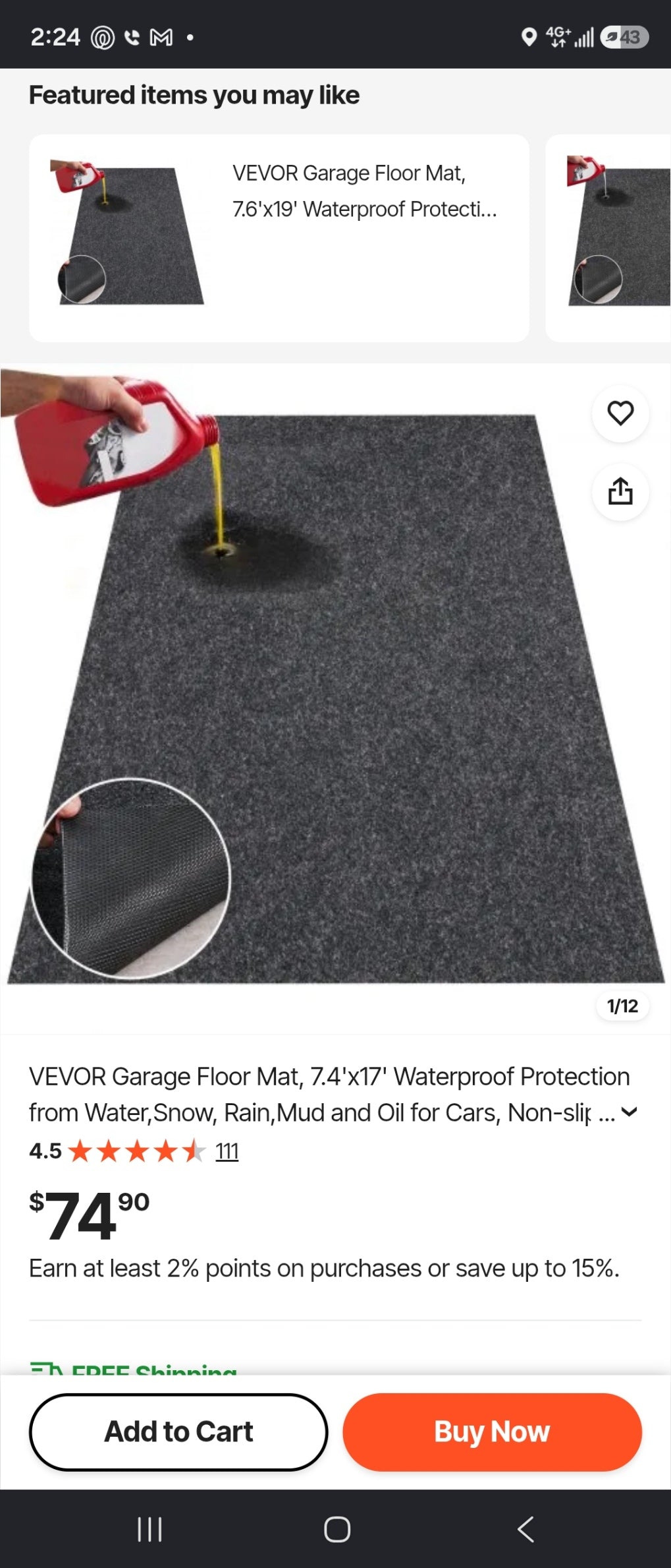 VEVOR Garage Floor Mat – 7.4' x 17'