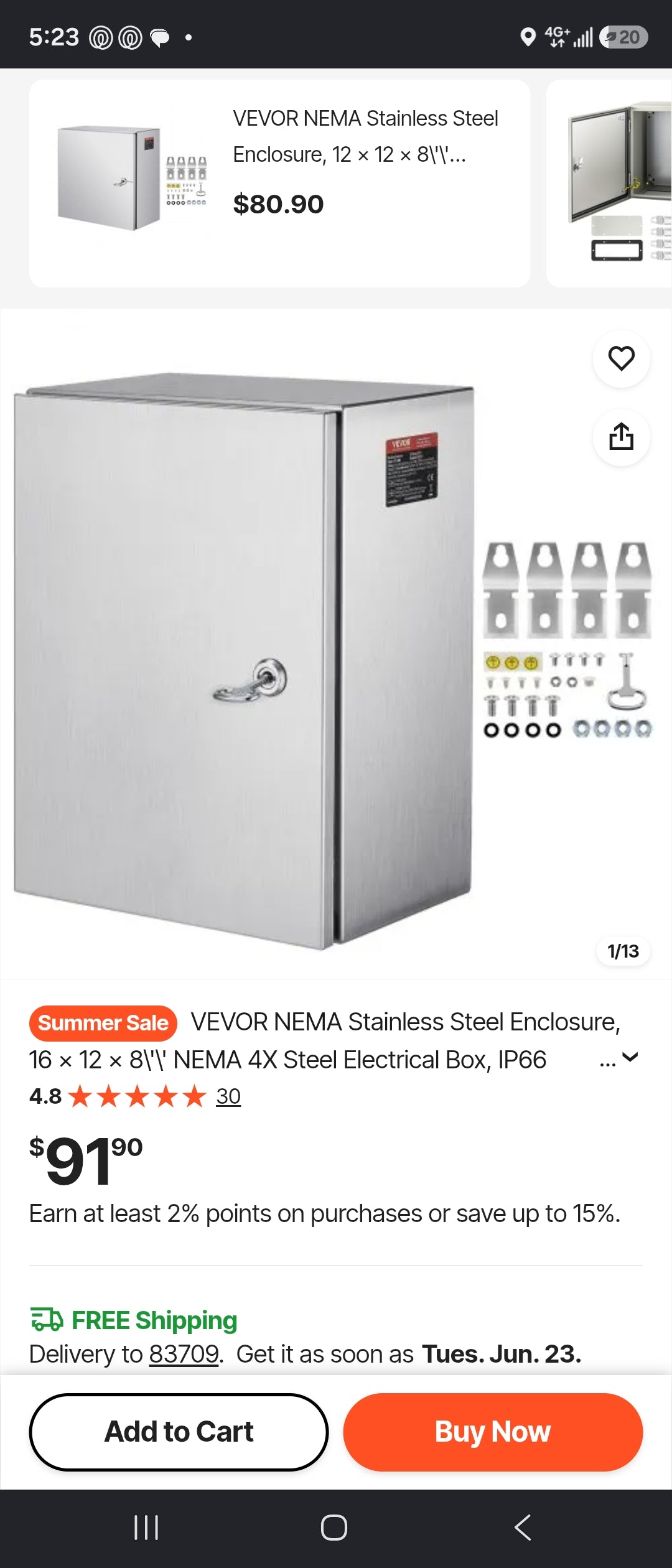 VEVOR NEMA 4X Stainless Steel Electrical Enclosure Box 16" x 12" x 8" IP66 Weatherproof