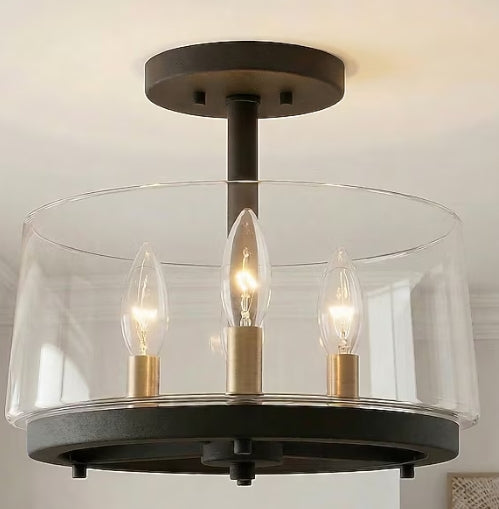 Quoizel Whitlock 12-in Matte Black and Brushed Weathered Brass Indoor 3 -Light Semi-flush Mount Light with Clear Glass