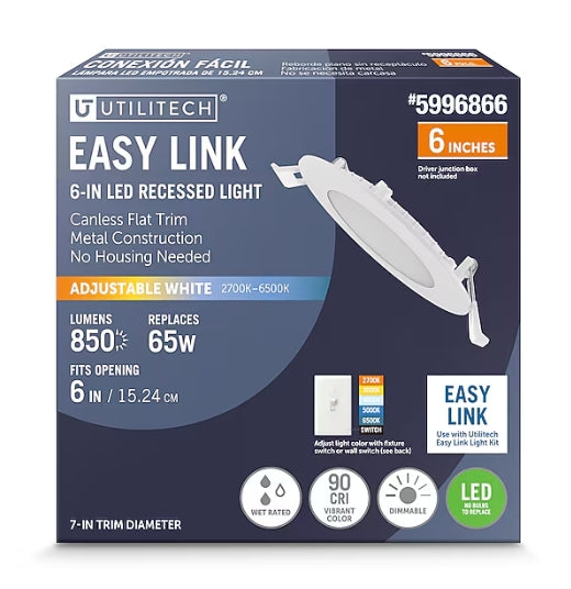 Utilitech Easy Link White 6-in 850 -Lumens Switchable white Round Dimmable LED Canless