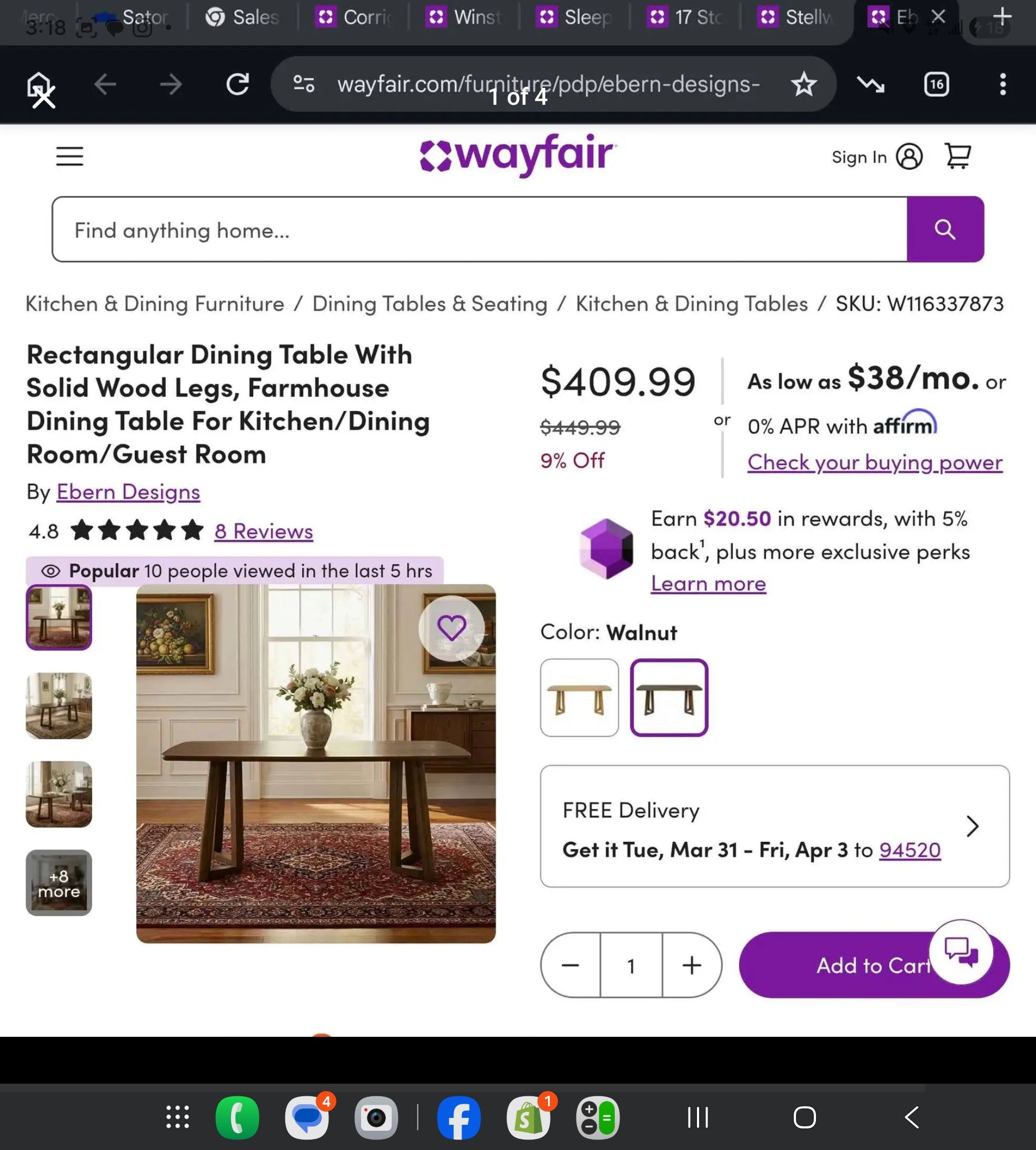 Farmhouse Dining Table – Solid Wood Legs – Walnut Finish