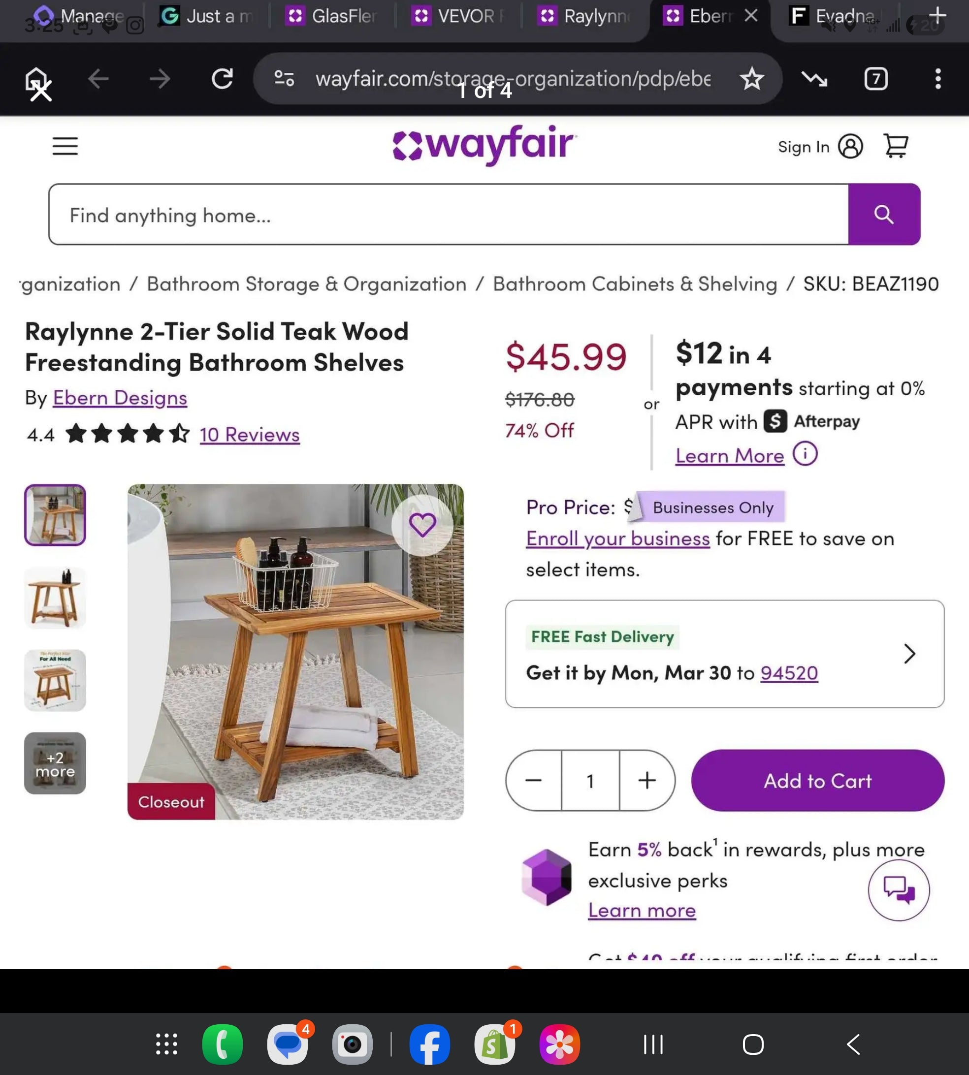 Raylynne 2-Tier Solid Teak Wood Freestanding Bathroom Shelves