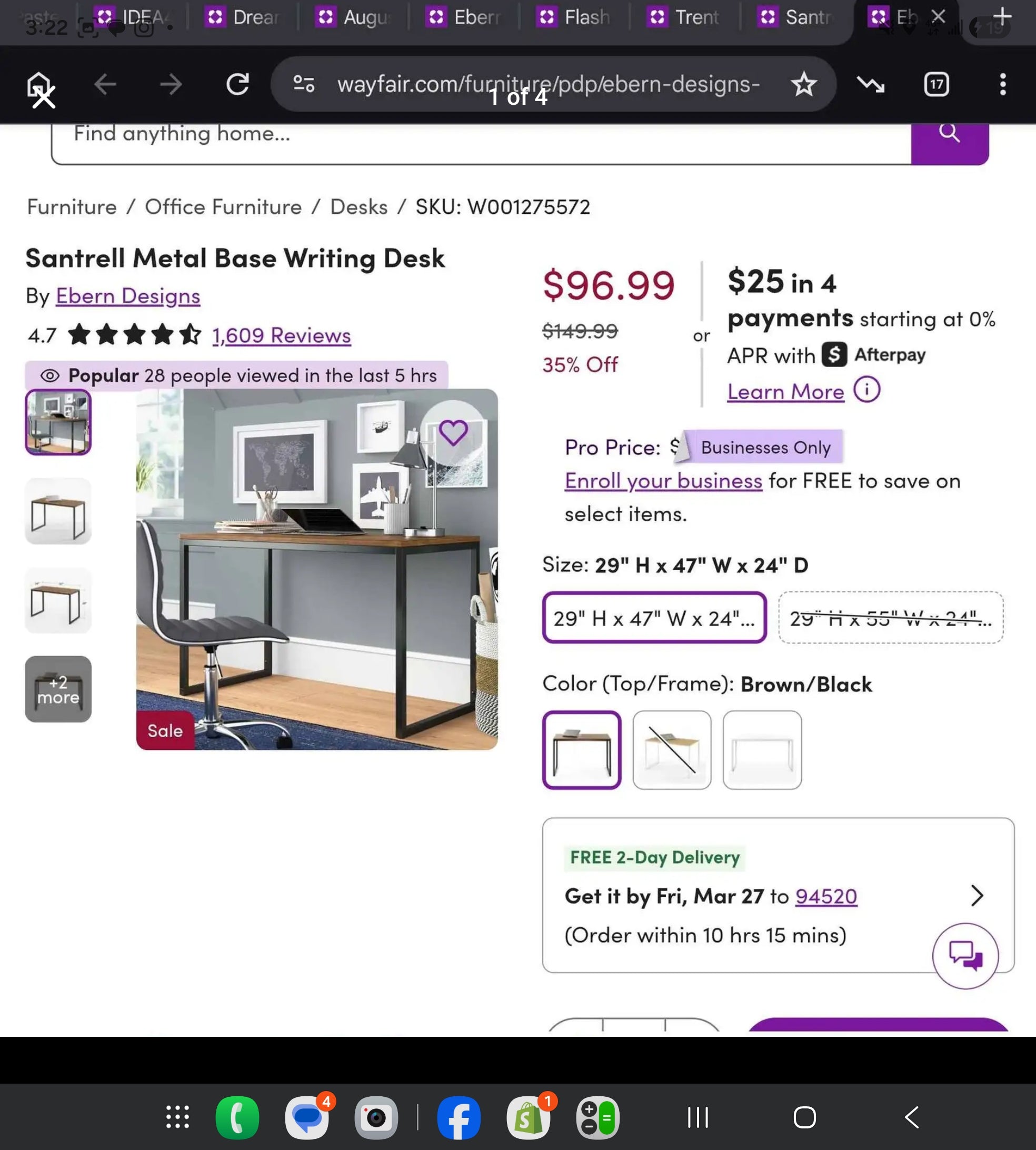 Santrell Black Base Writing Desk