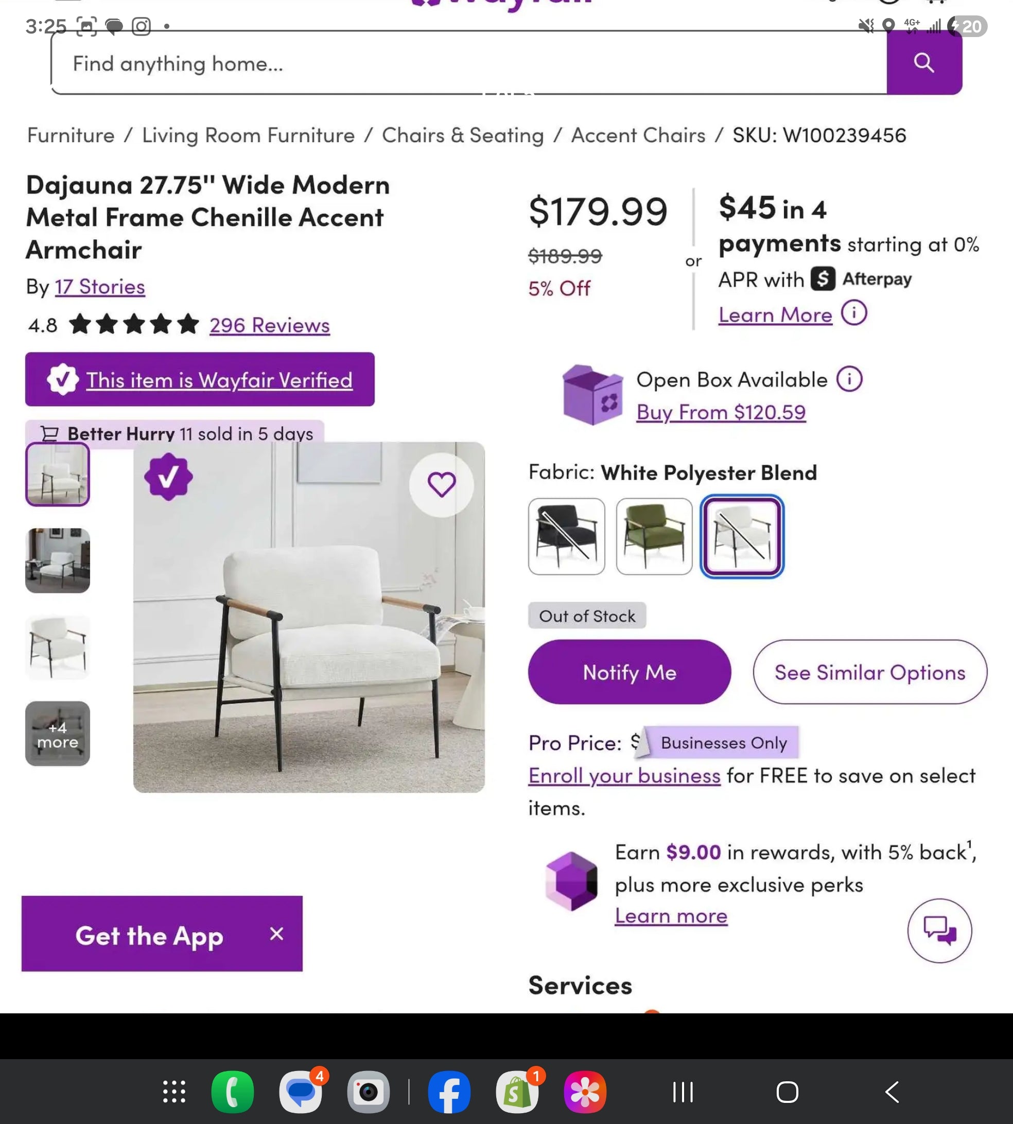 Dajauna 27.75'' Wide Modern Metal Frame Chenille Accent Armchair